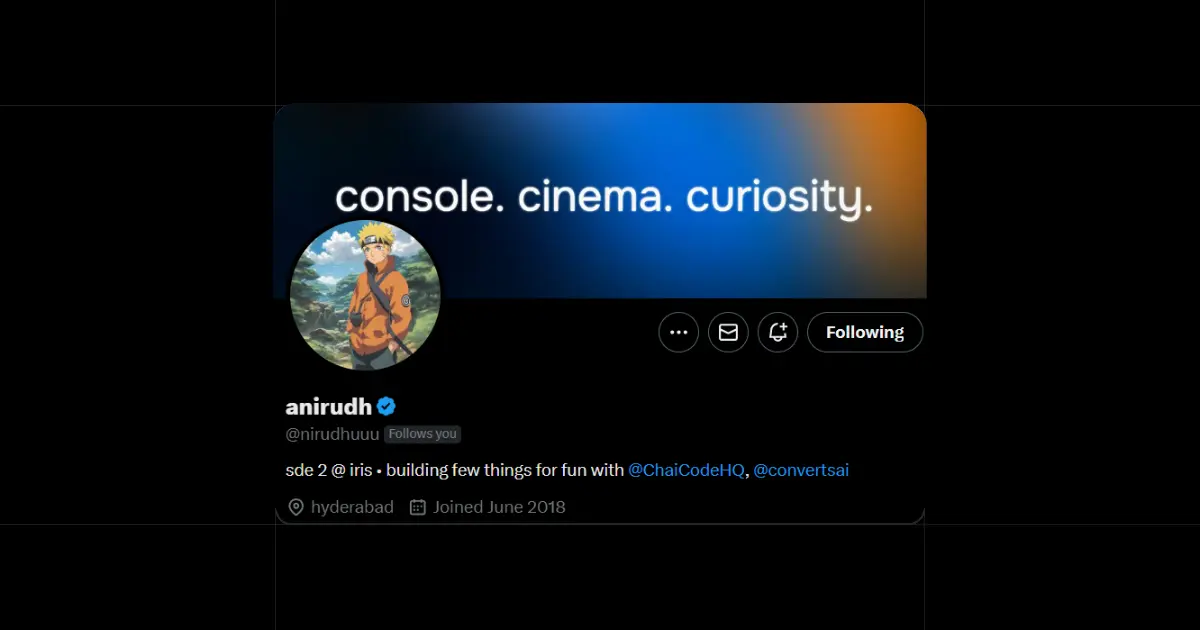 Followed by @anirudh on X